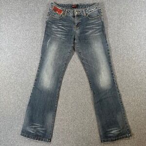 Baby FOX Vintage Y2K Flare Jeans Blue Denim Red Leather Trim Womens 38 29x32